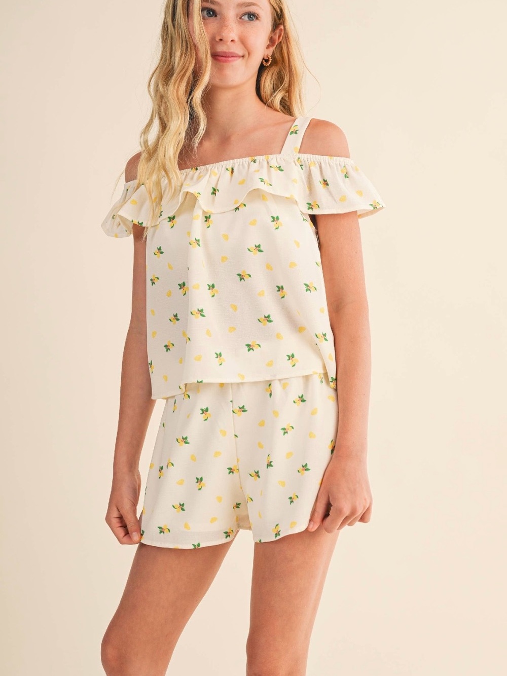 Girls Lemon Print Off-Shoulder Set - Cream